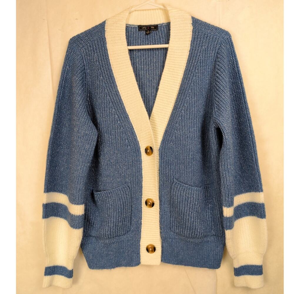 Lety & Me blue white button up cardigan Size Sm Sporty Preppy Fisherman Coastal